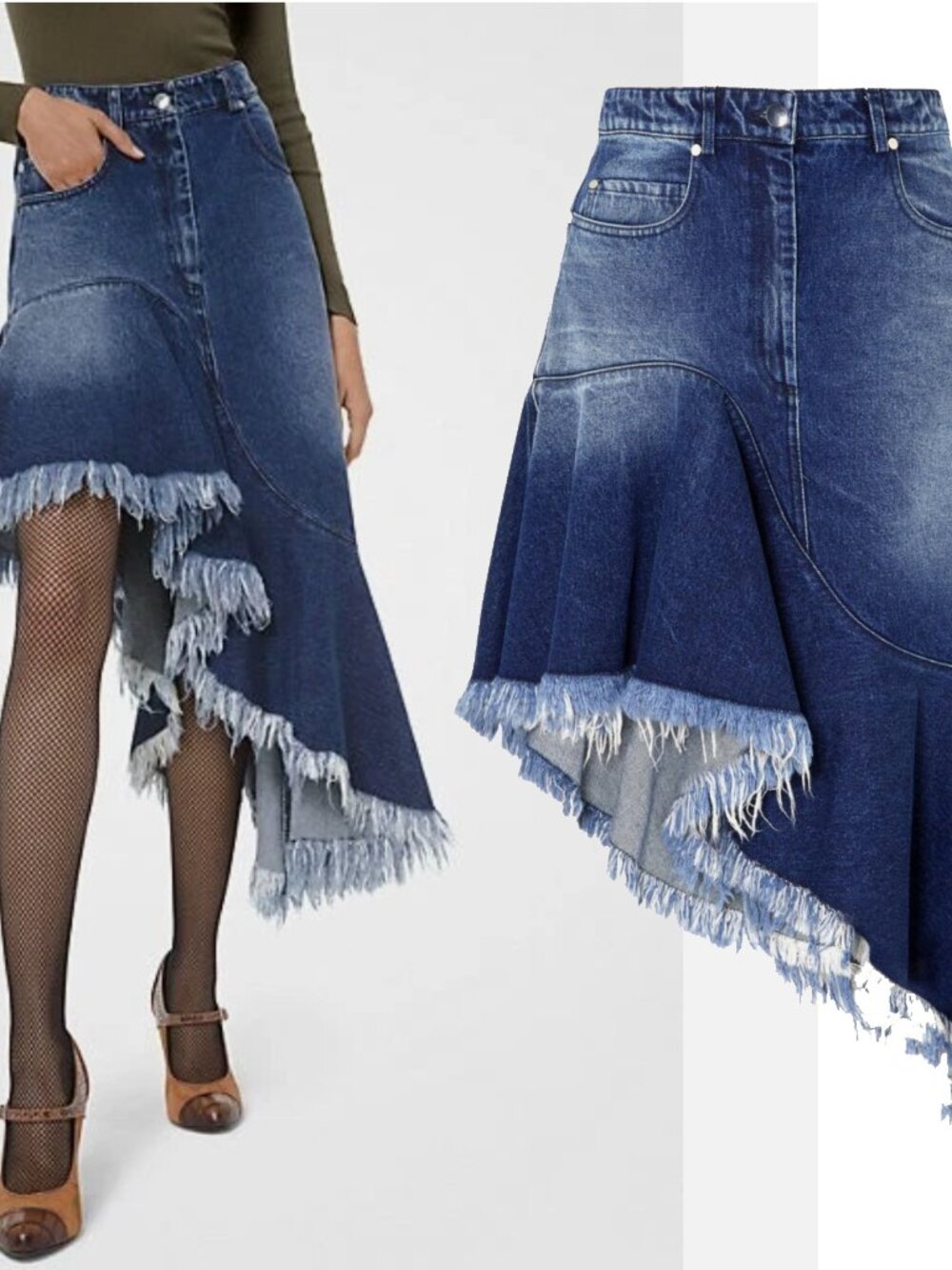 MICHAEL KORS COLLECTION SKIRT ASYMMETRICAL DENIM MIDI RUFFLE HEM sz 6